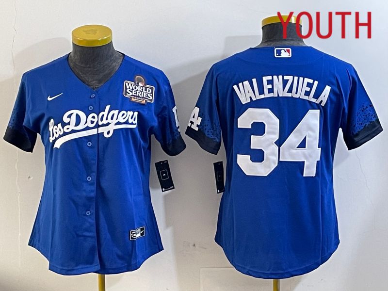 Youth  Los Angeles Dodgers #34 Valenzuela 2024 World series patch blue jersey 2024112004